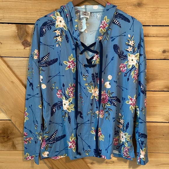 Rods Western Palace Blue Floral Long Sleeved Hooded Top with Strings - Picture 1 of 7